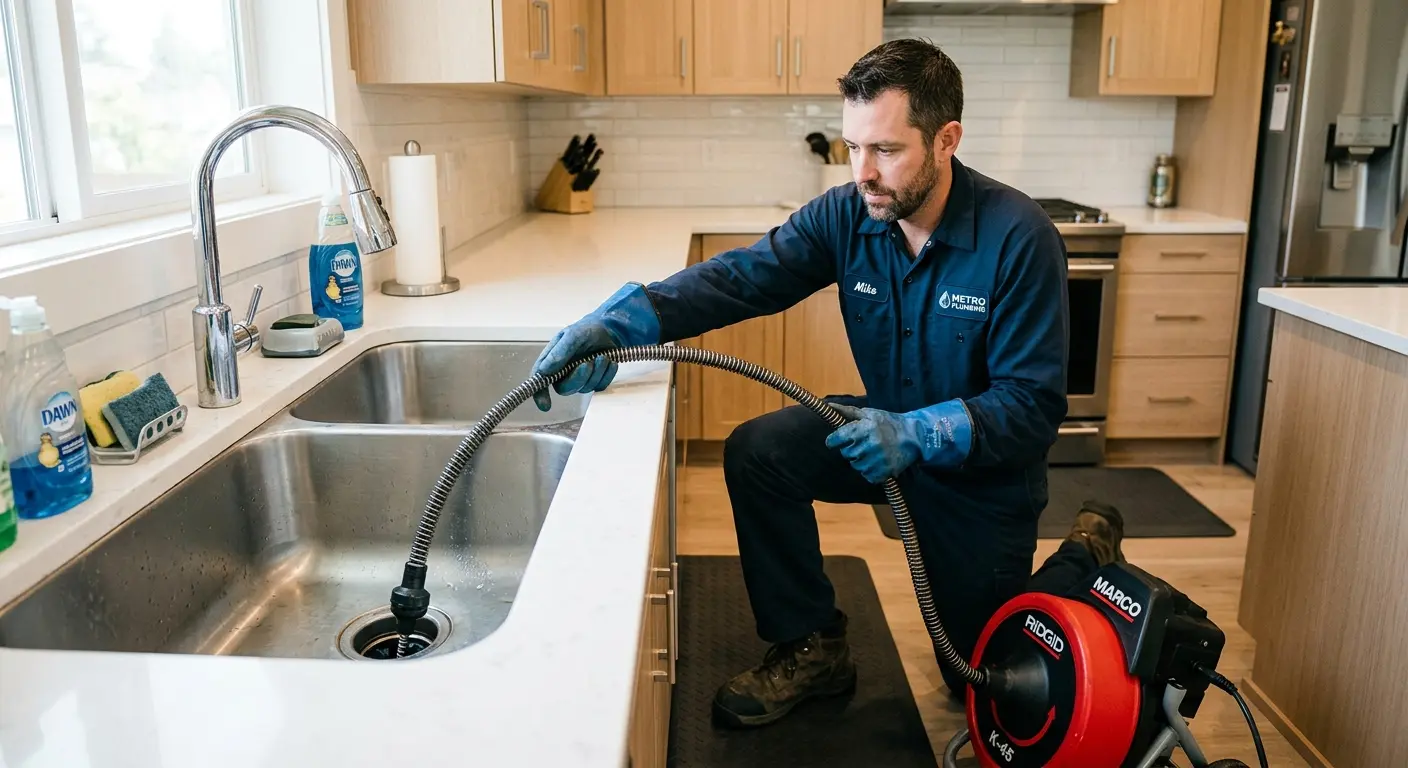 Drain cleaning technician using a motorized snake on a kitchen sink in Herkimer