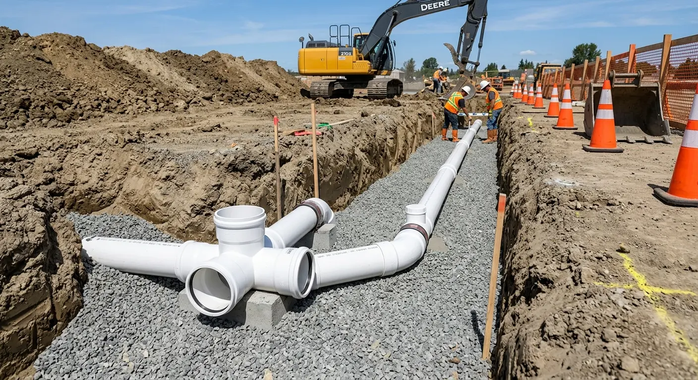 New PVC sewer pipe installation in open trench for Sewer Backup in Herkimer