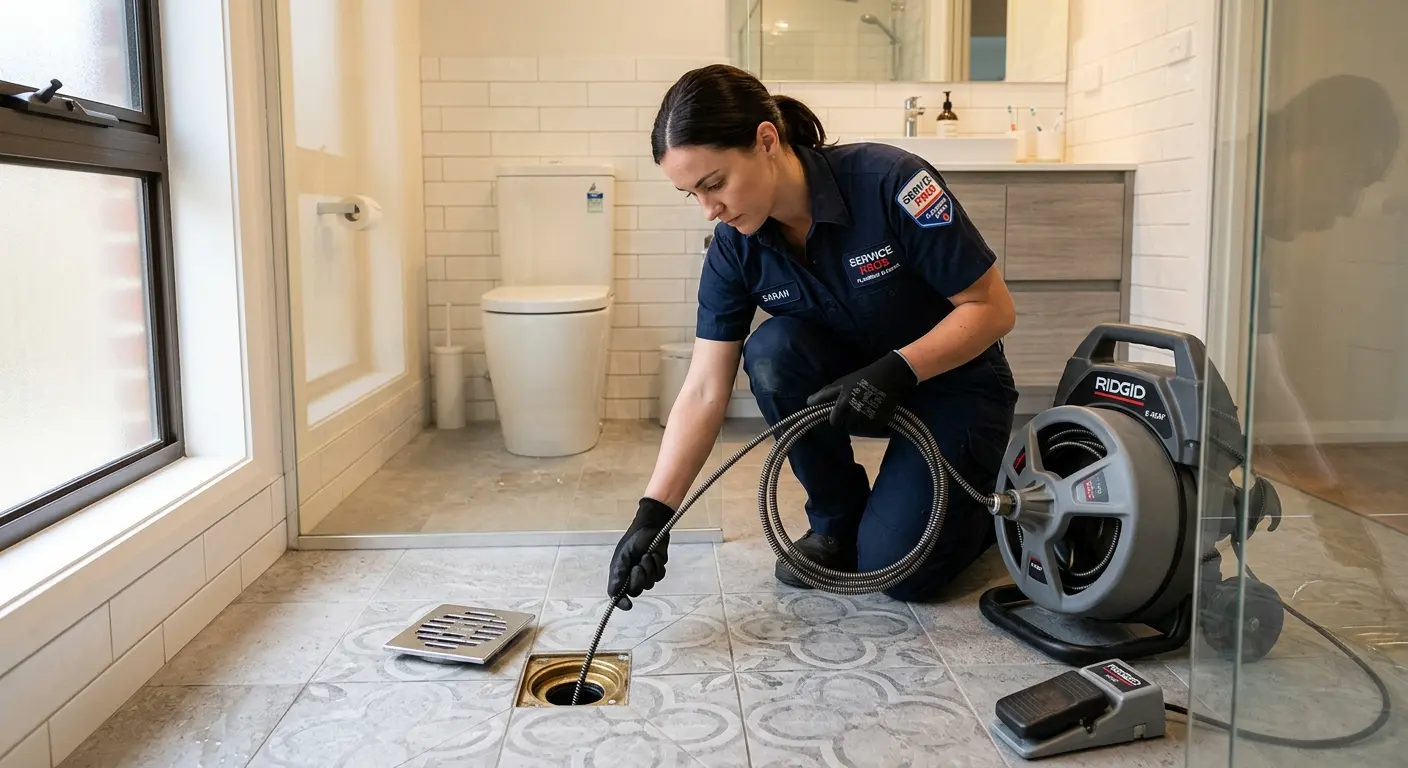 Technician clearing a bathroom floor drain for Clogged Drain Repair in Herkimer
